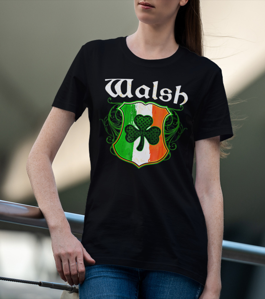 Walsh Surname Irish Shamrock Crest With Green White Orange Shield T-Shirt