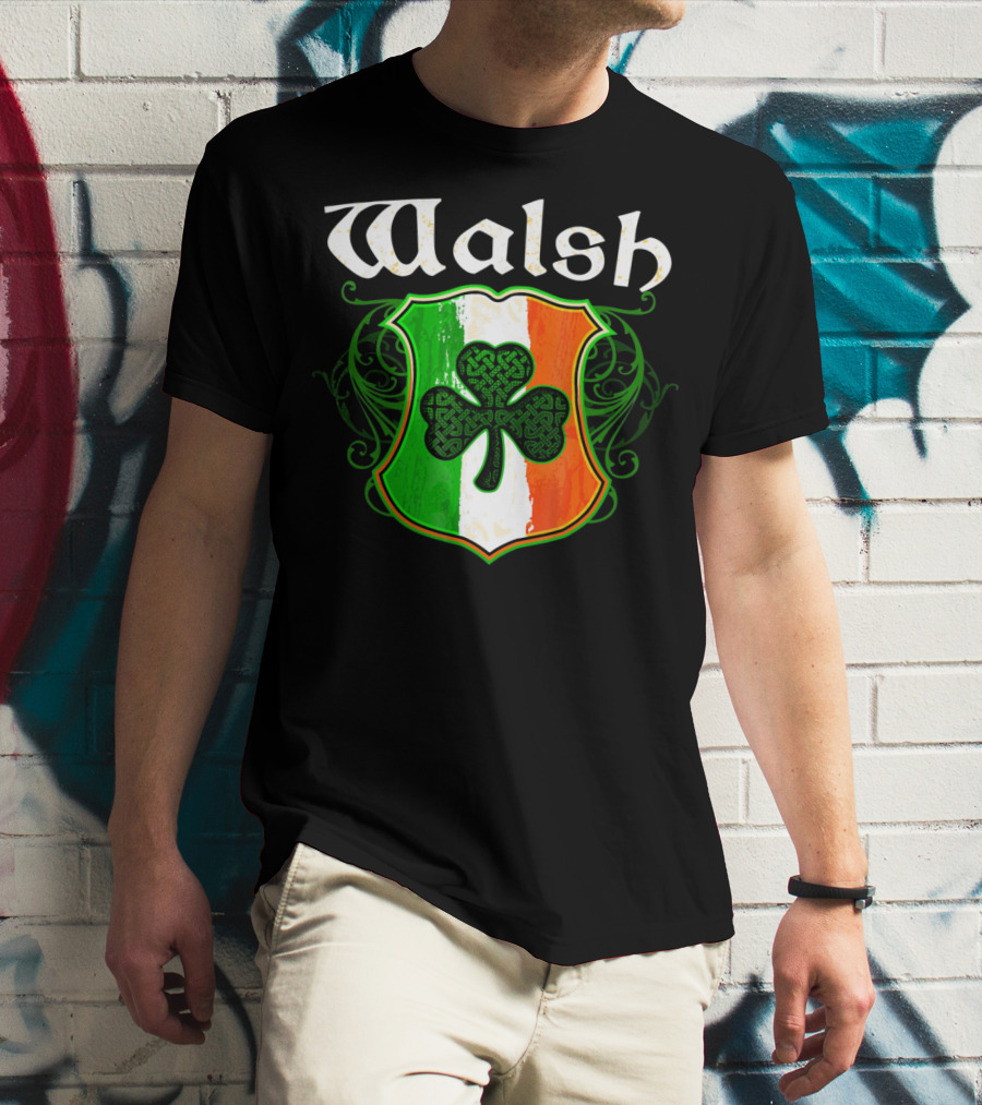 Walsh Surname Irish Shamrock Crest With Green White Orange Shield T-Shirt