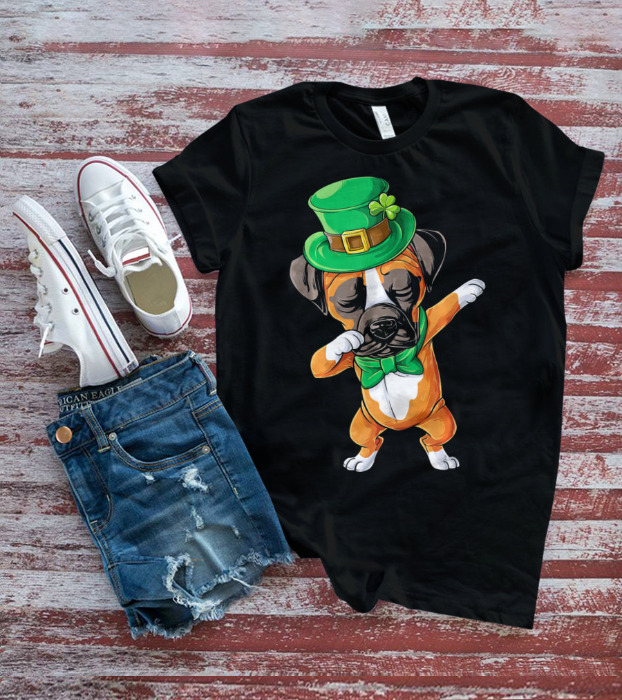 Dabbing Boxer Dog St Patricks Day Hat Bowtie T-Shirt