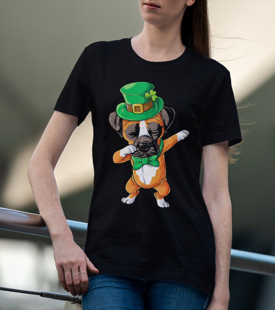 Dabbing Boxer Dog St Patricks Day Hat Bowtie T-Shirt