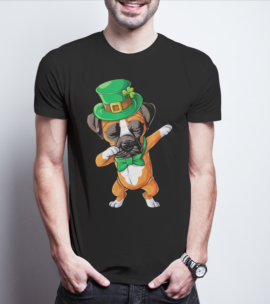 Dabbing Boxer Dog St Patricks Day Hat Bowtie T-Shirt