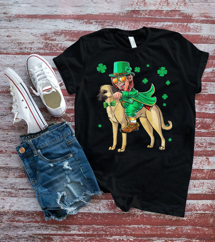 Leprechaun Riding Anatolian Shepherd With Shamrock Accents T-Shirt