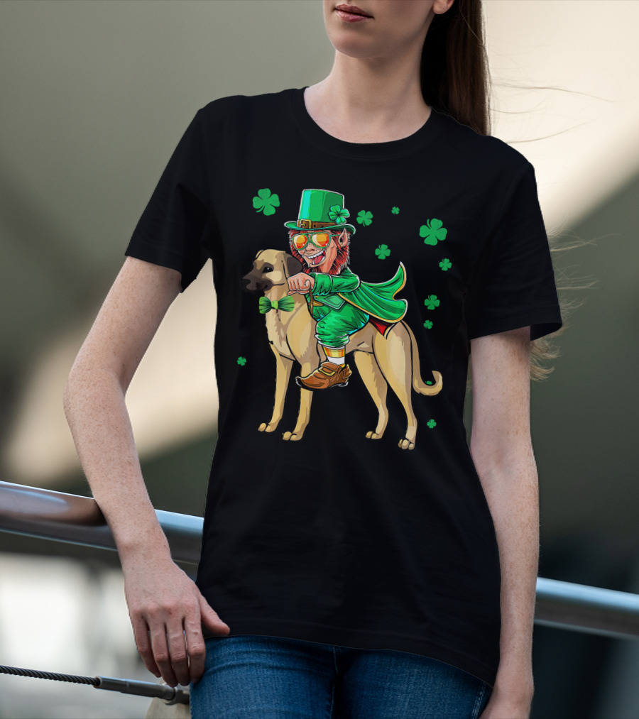 Leprechaun Riding Anatolian Shepherd With Shamrock Accents T-Shirt
