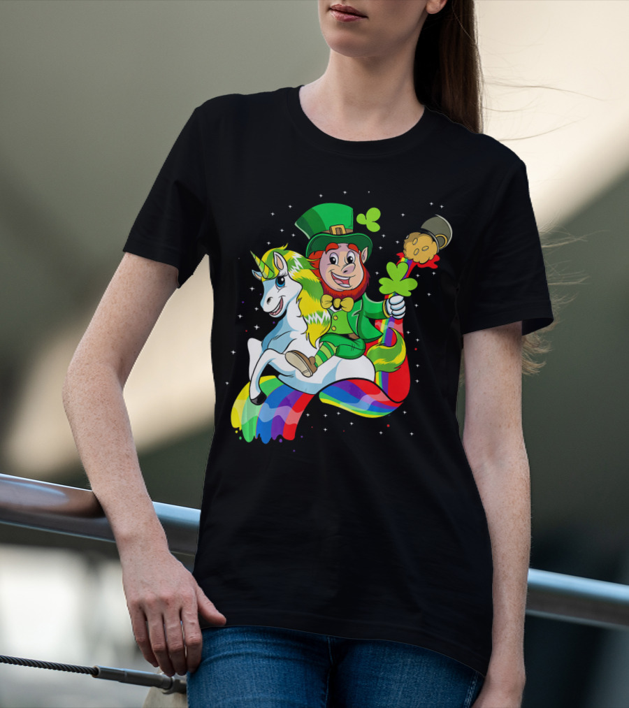 St Patricks Day Leprechaun Riding Unicorn With Rainbow Lucky Charms T-Shirt