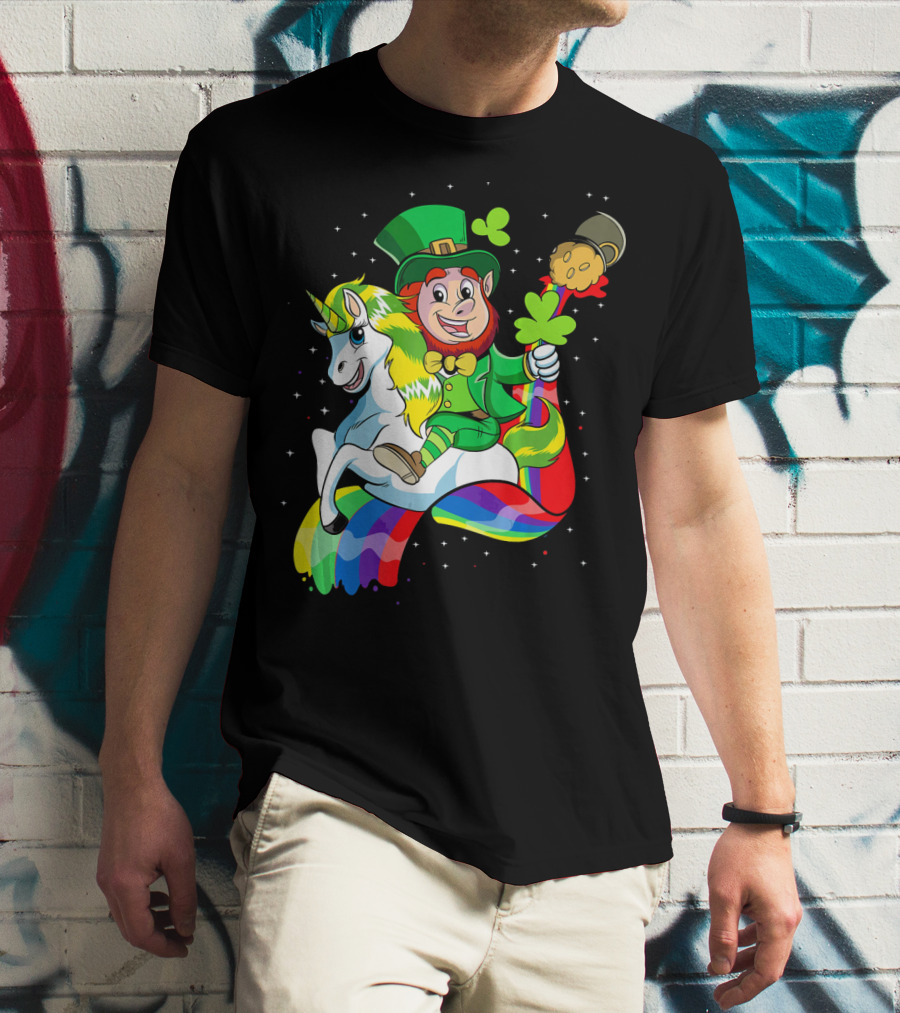 St Patricks Day Leprechaun Riding Unicorn With Rainbow Lucky Charms T-Shirt