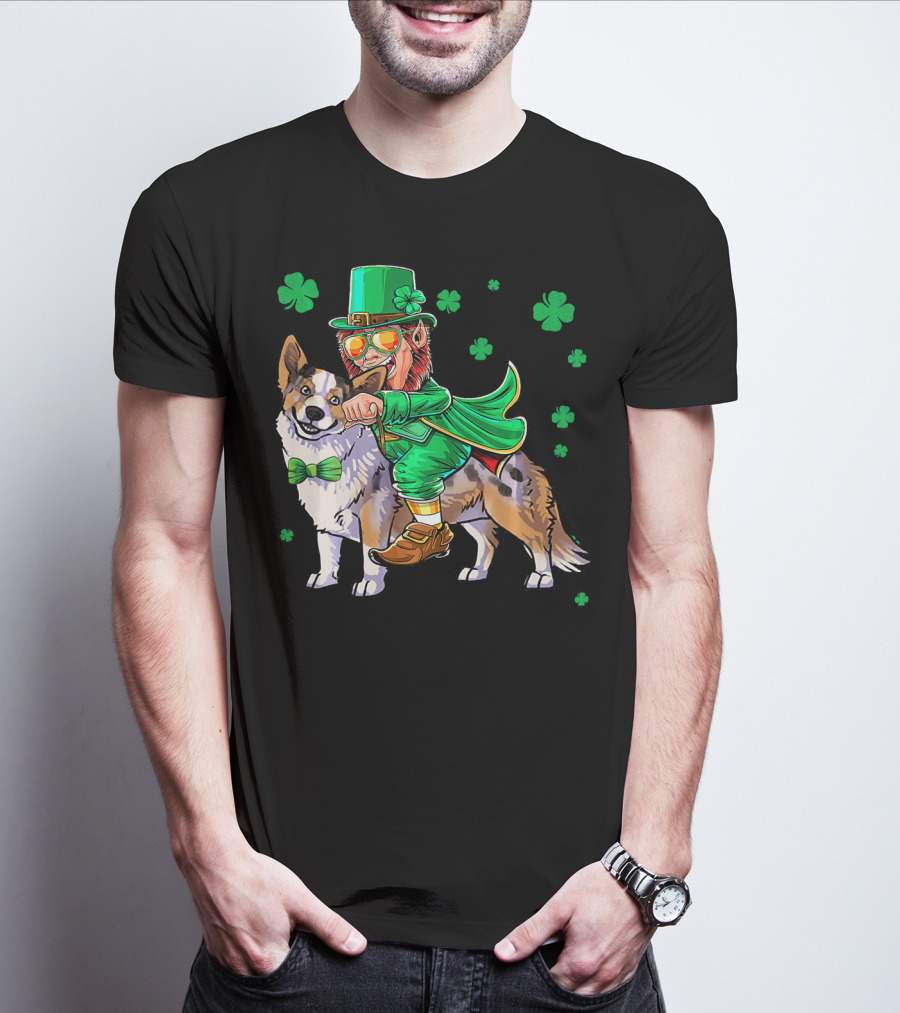 Leprechaun Riding Cardigan Welsh Corgi With Shamrocks T-Shirt