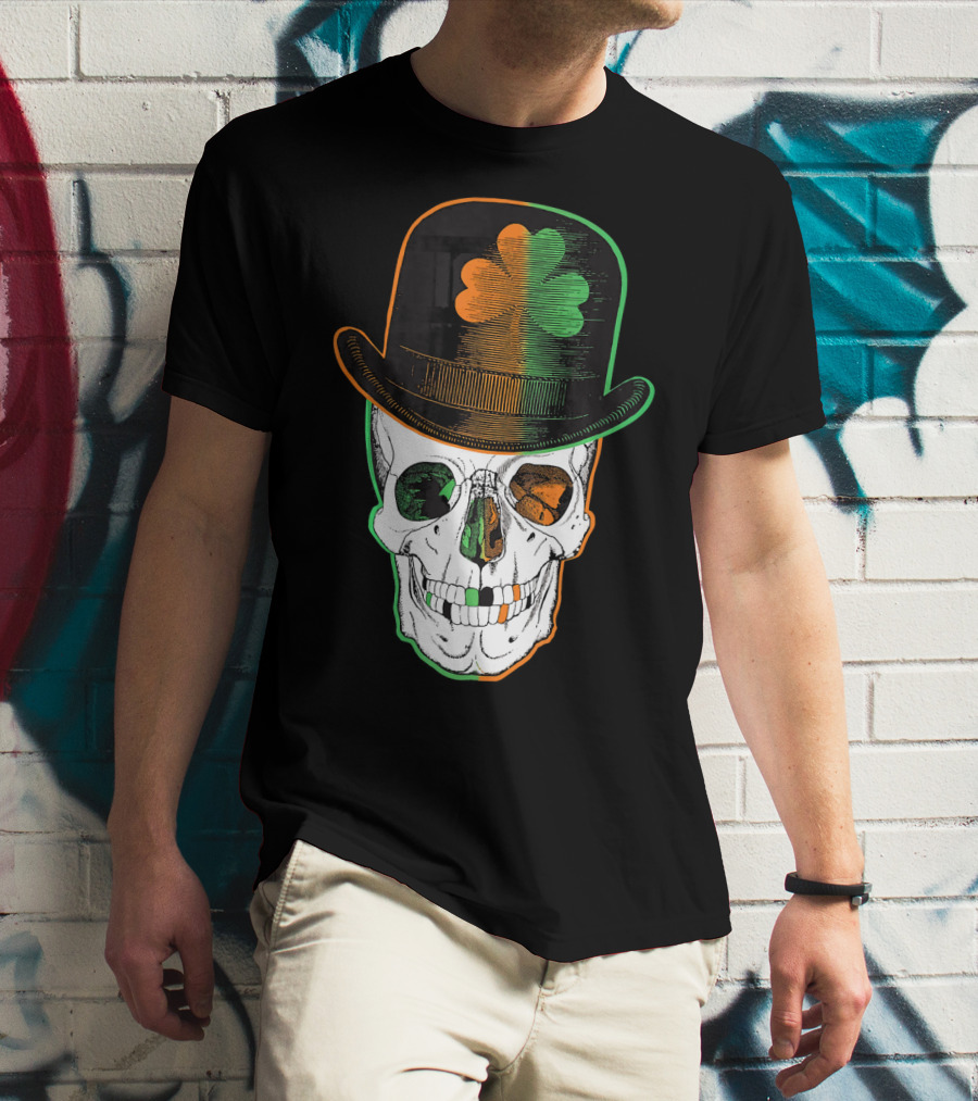 St Paddys Day Irish Leprechaun Skull Shamrock Hat T-Shirt