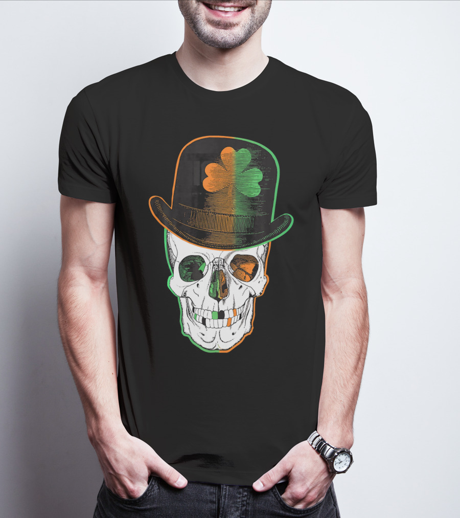 St Paddys Day Irish Leprechaun Skull Shamrock Hat T-Shirt