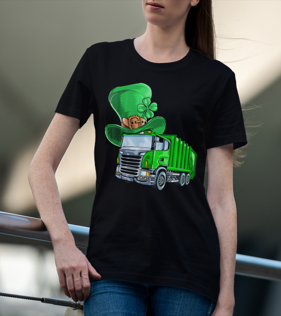 St Patricks Day Garbage Truck With Leprechaun Hat And Four-Leaf Clover T-Shirt