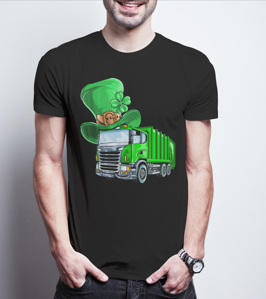 St Patricks Day Garbage Truck With Leprechaun Hat And Four-Leaf Clover T-Shirt