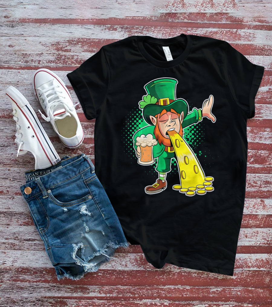 Drunk Leprechaun Puking Gold Coins And Beer Mug T-Shirt