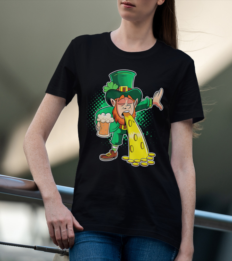 Drunk Leprechaun Puking Gold Coins And Beer Mug T-Shirt