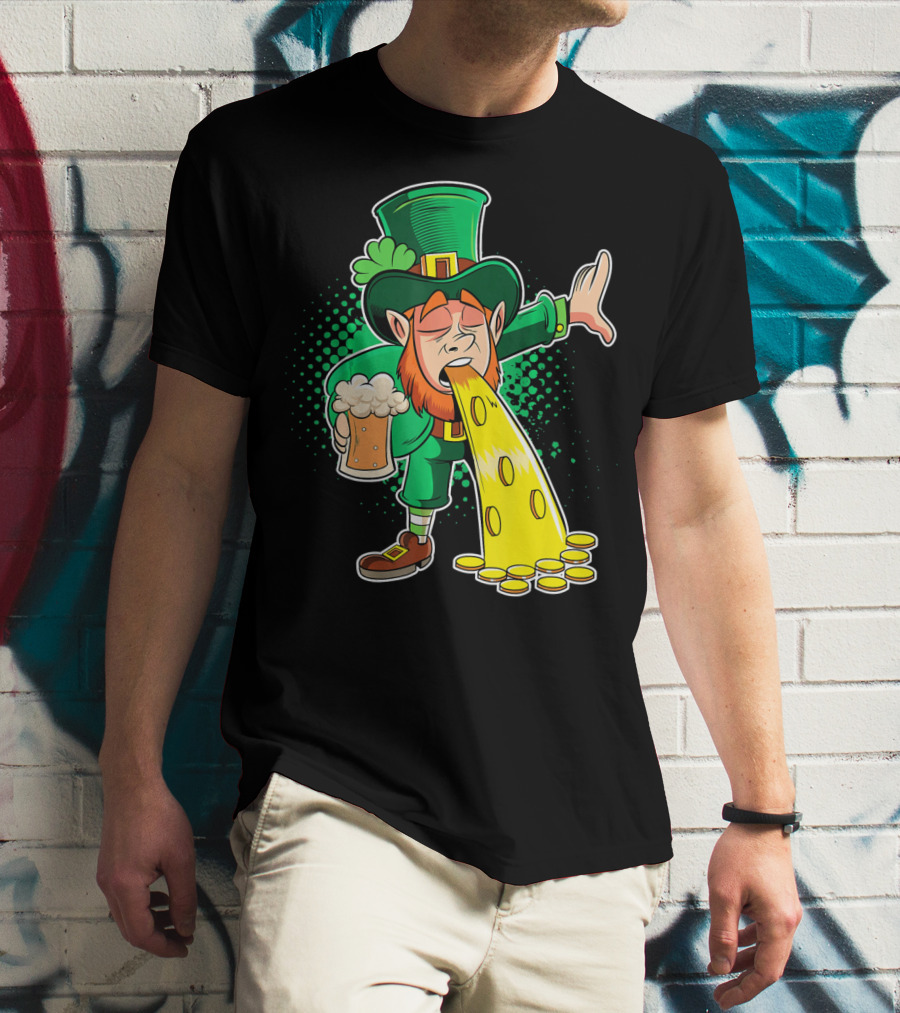 Drunk Leprechaun Puking Gold Coins And Beer Mug T-Shirt