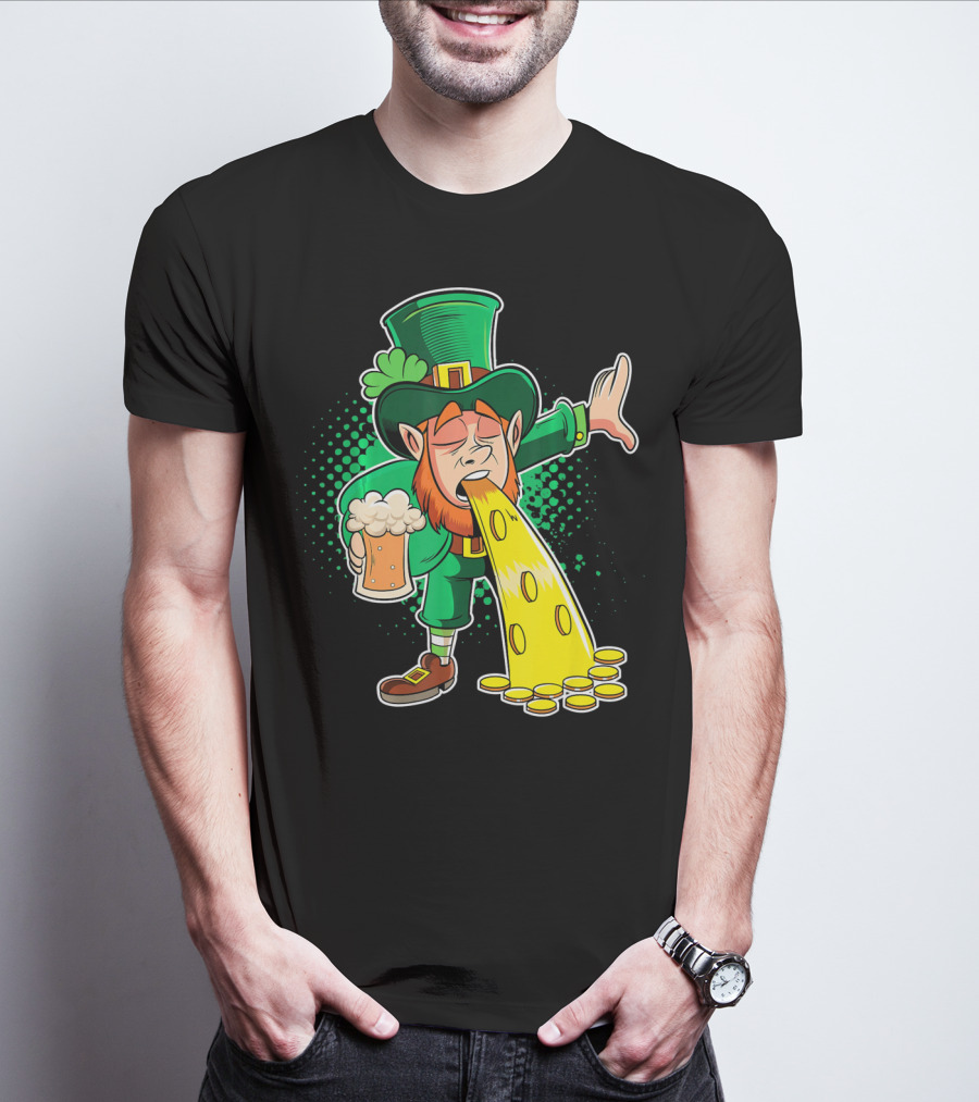 Drunk Leprechaun Puking Gold Coins And Beer Mug T-Shirt