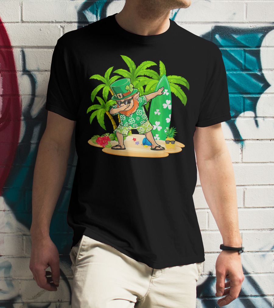 Leprechaun Dabbing On Tropical Beach With Surfboard And Hibiscus Flowers T-Shirt