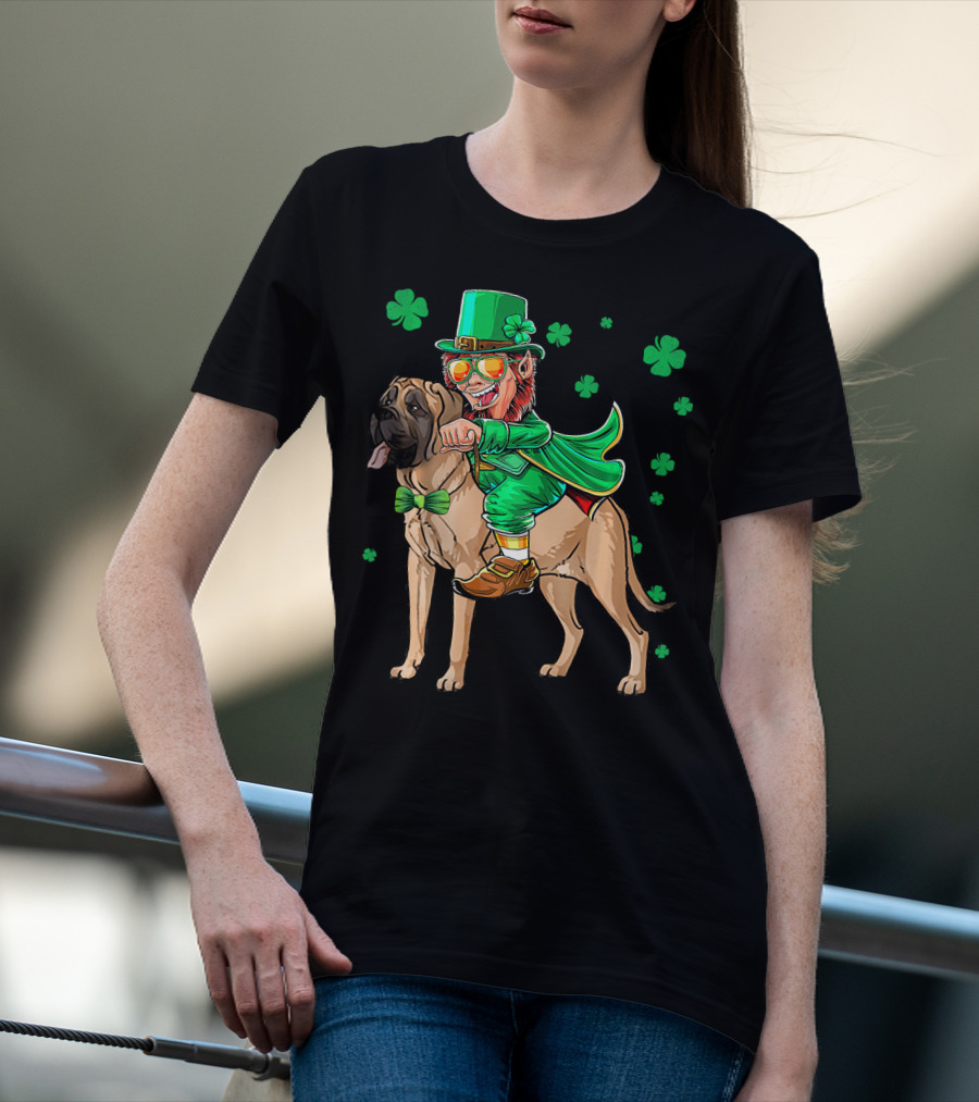 Leprechaun Riding English Mastiff With Shamrocks T-Shirt