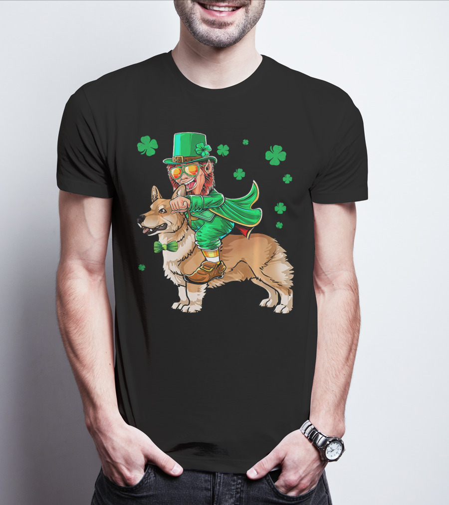 Leprechaun Riding Pembroke Welsh Corgi With Shamrocks T-Shirt