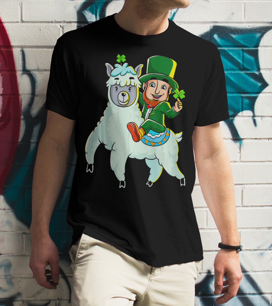 Leprechaun Riding Llama Clover Hat Green Suit Cartoon T-Shirt