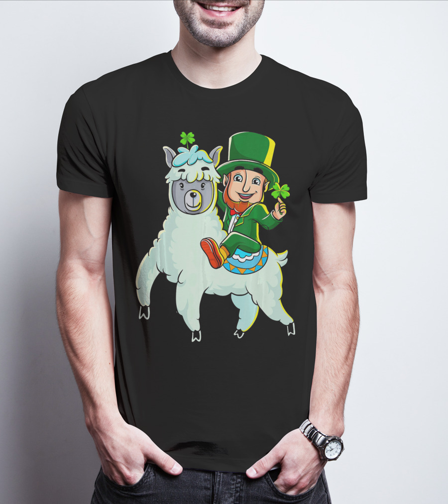 Leprechaun Riding Llama Clover Hat Green Suit Cartoon T-Shirt