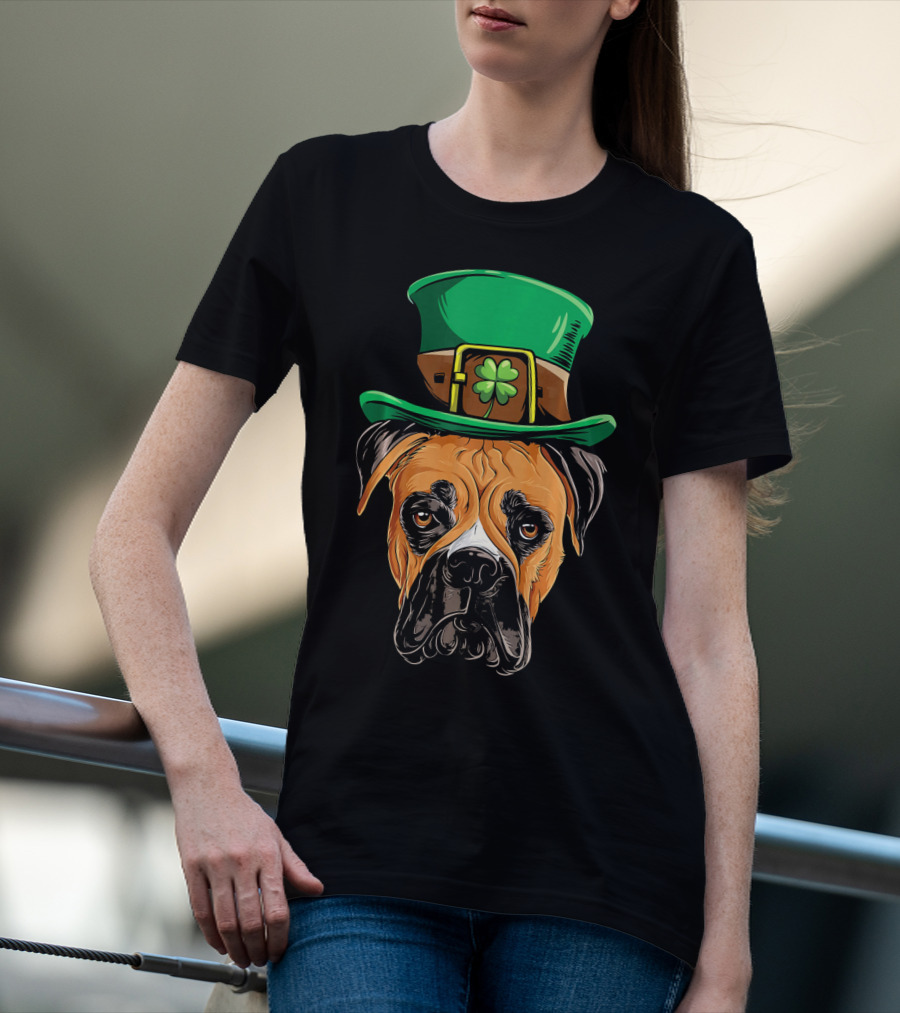St. Patrick's Day Boxer Dog With Green Top Hat And Shamrock T-Shirt