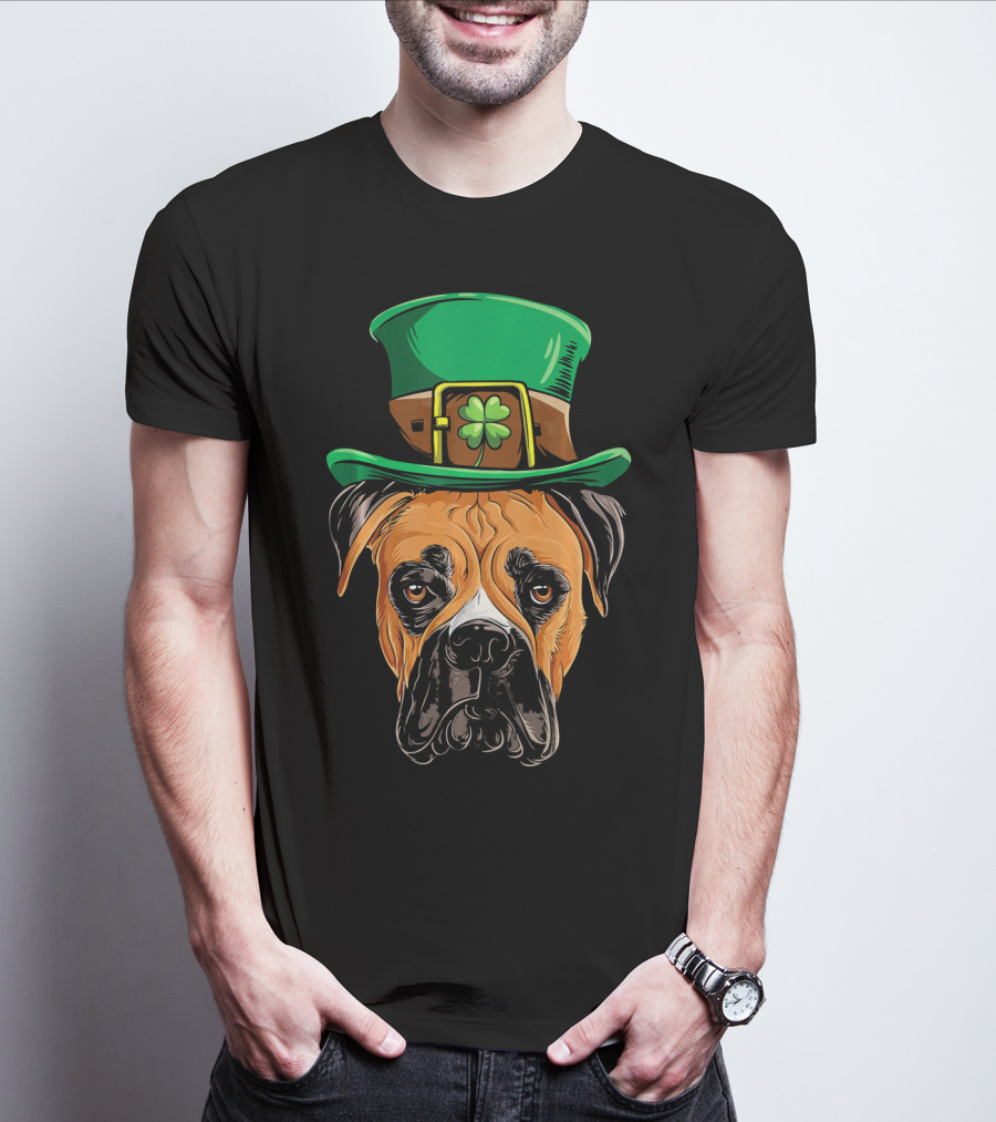 St. Patrick's Day Boxer Dog With Green Top Hat And Shamrock T-Shirt