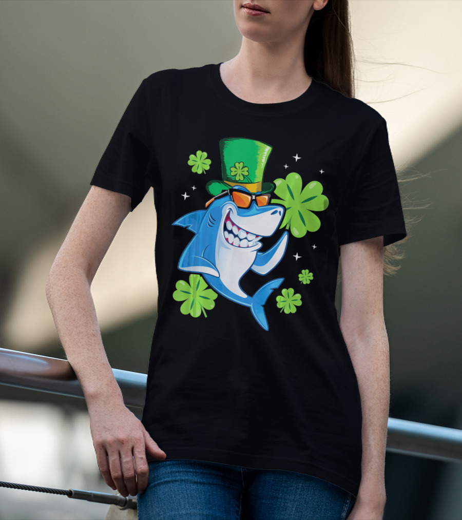 St Patricks Day Shamrock Paddy Shark Top Hat Dancing With Four-Leaf Clovers T-Shirt