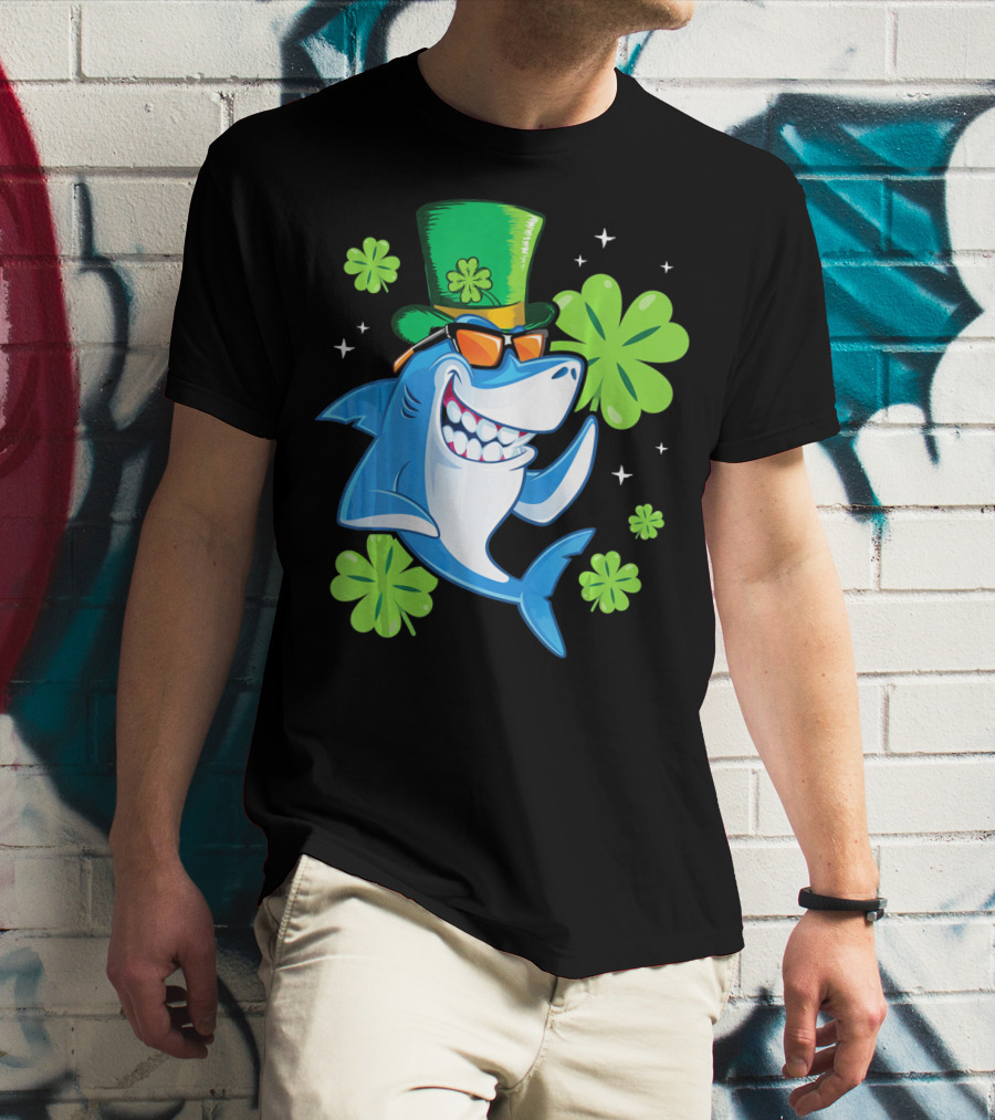 St Patricks Day Shamrock Paddy Shark Top Hat Dancing With Four-Leaf Clovers T-Shirt