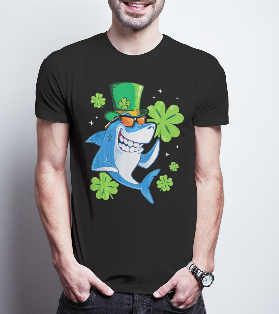 St Patricks Day Shamrock Paddy Shark Top Hat Dancing With Four-Leaf Clovers T-Shirt
