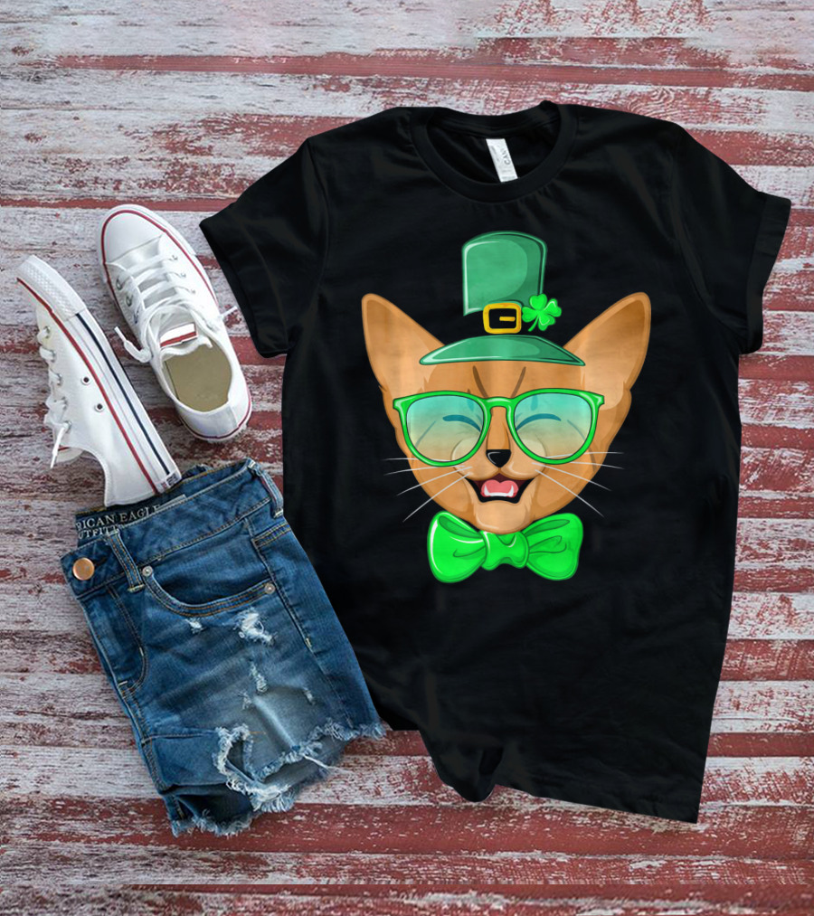 St. Patricks Day Cat Kitty Leprec Leprechaun Hat Green Glasses Bowtie Shamrock T-Shirt