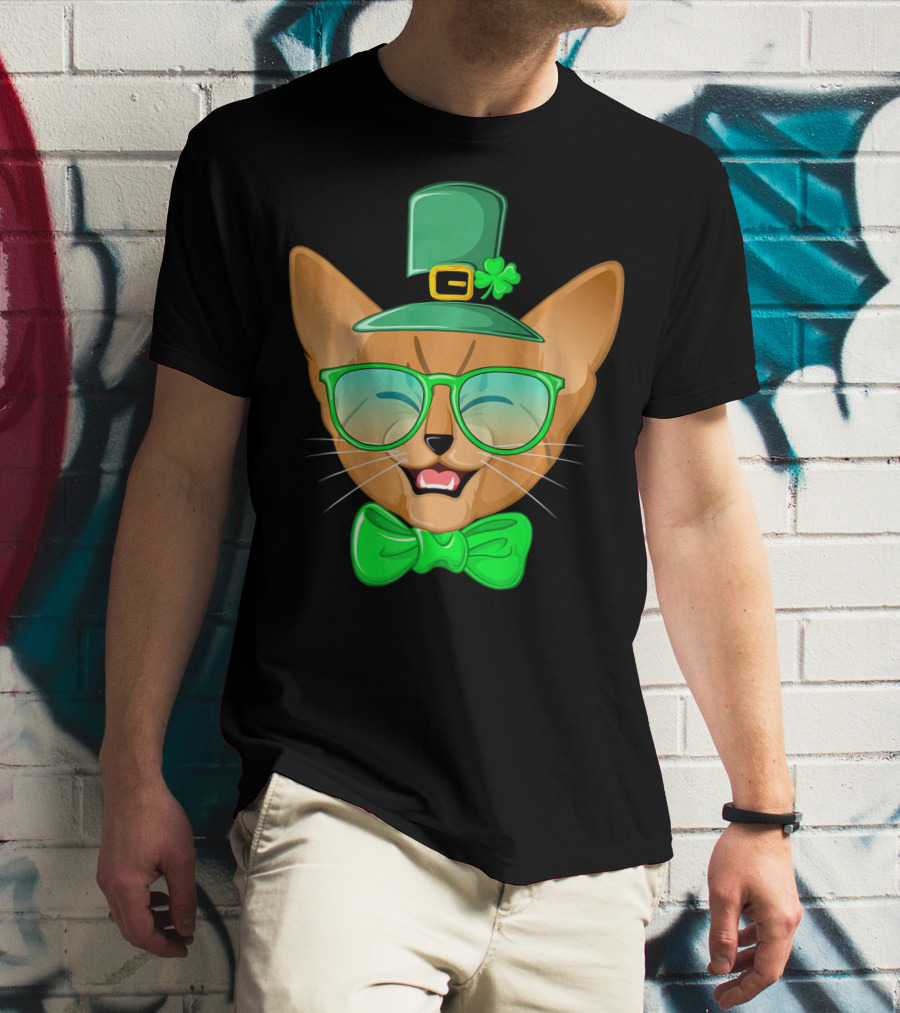 St. Patricks Day Cat Kitty Leprec Leprechaun Hat Green Glasses Bowtie Shamrock T-Shirt