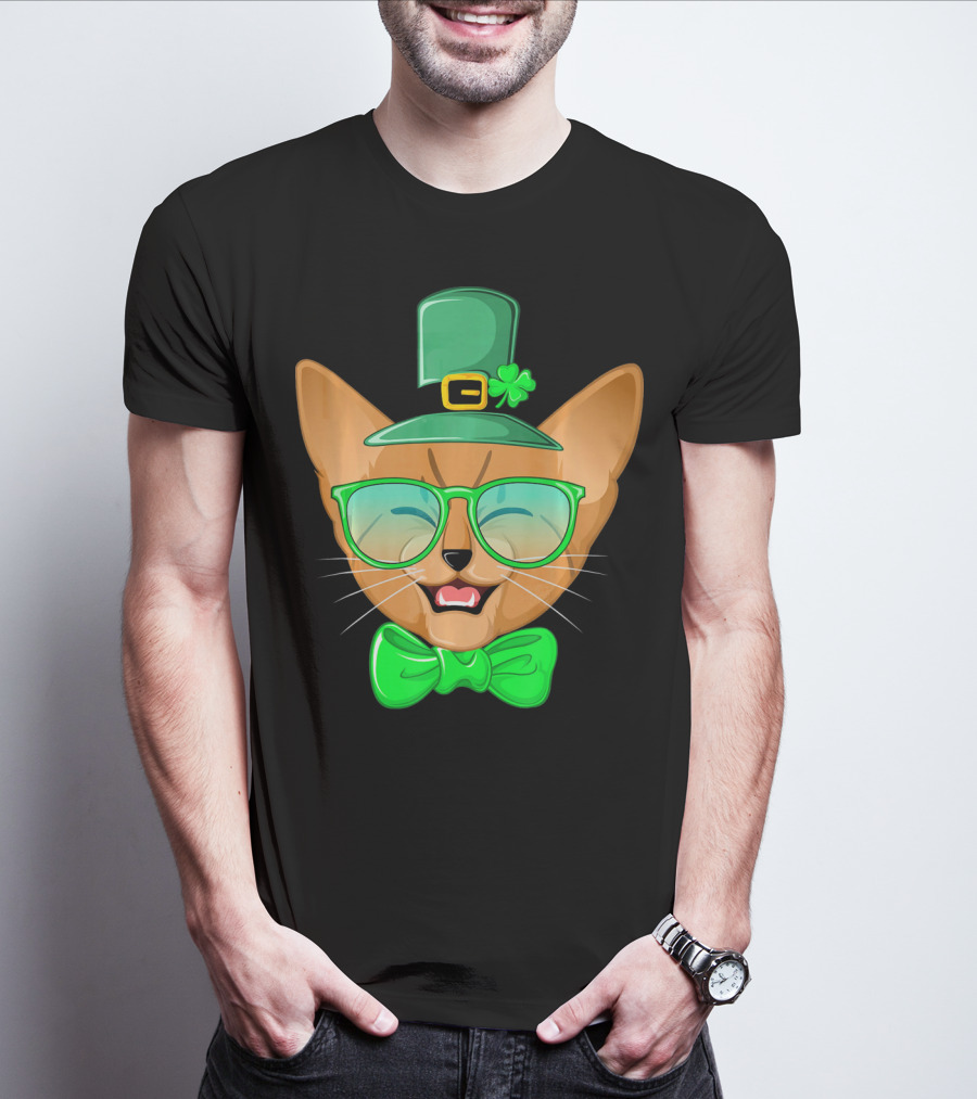 St. Patricks Day Cat Kitty Leprec Leprechaun Hat Green Glasses Bowtie Shamrock T-Shirt