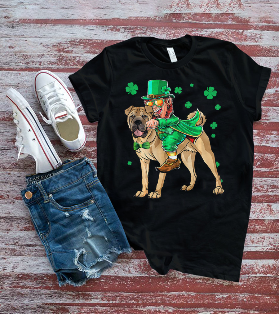 Leprechaun Riding Chinese Shar Pei With Shamrock Bowtie And Hat T-Shirt