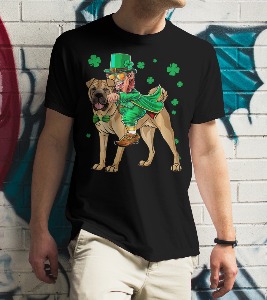 Leprechaun Riding Chinese Shar Pei With Shamrock Bowtie And Hat T-Shirt