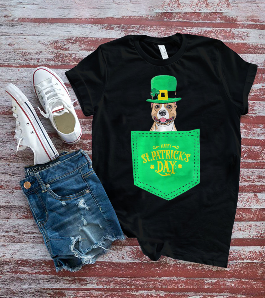 Happy St. Patrick's Day Pitbull Dog In Pocket T-Shirt