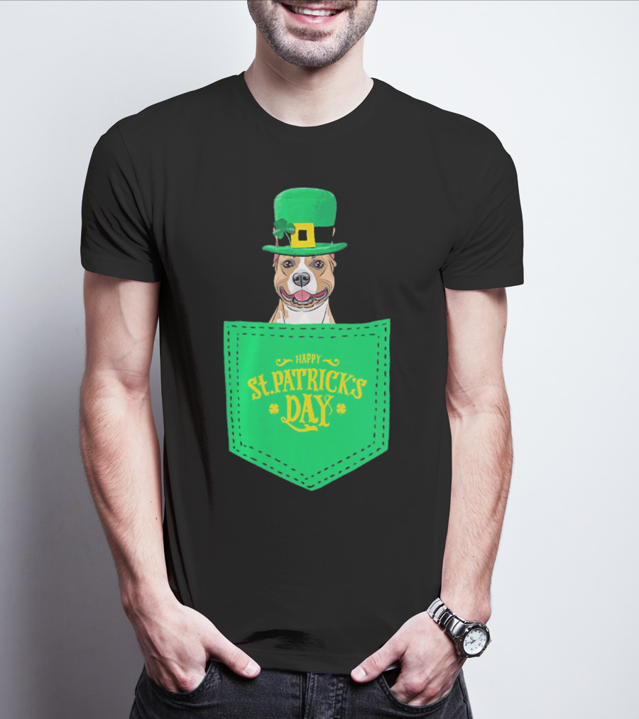 Happy St. Patrick's Day Pitbull Dog In Pocket T-Shirt