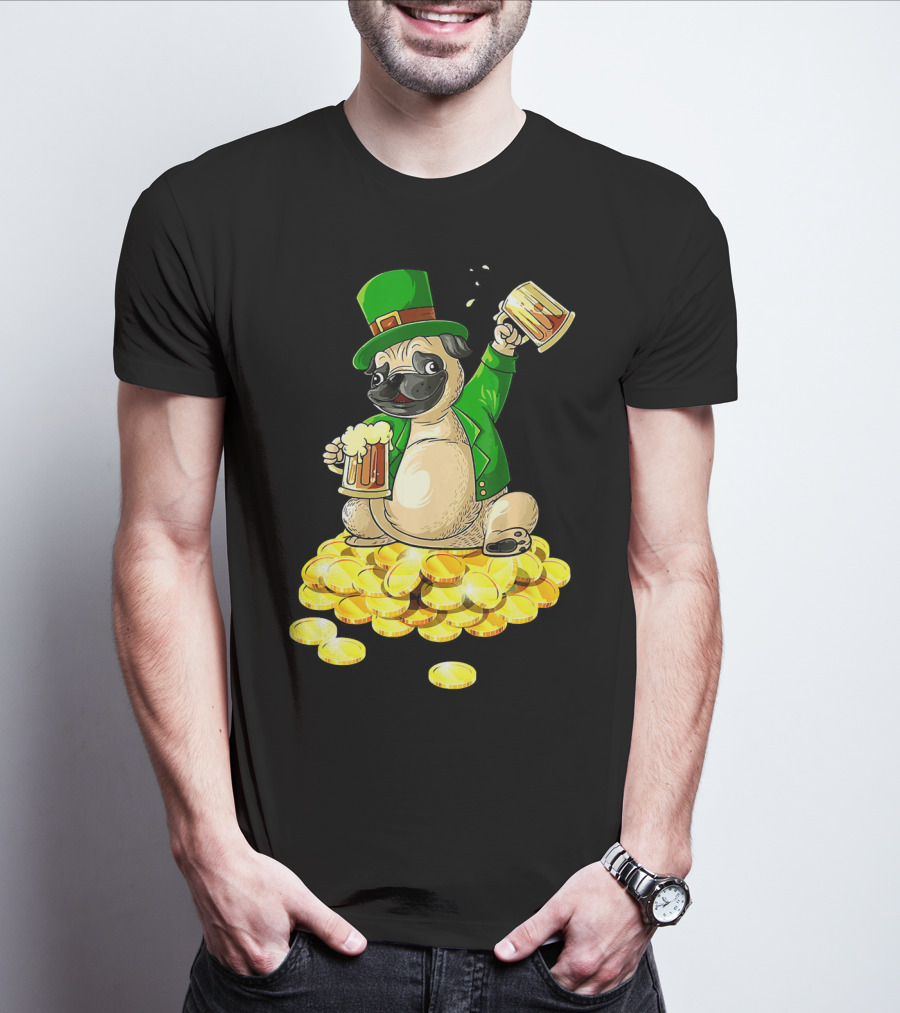 Irish Pug St. Patrick's Day Beer Cheers On Gold Coins T-Shirt