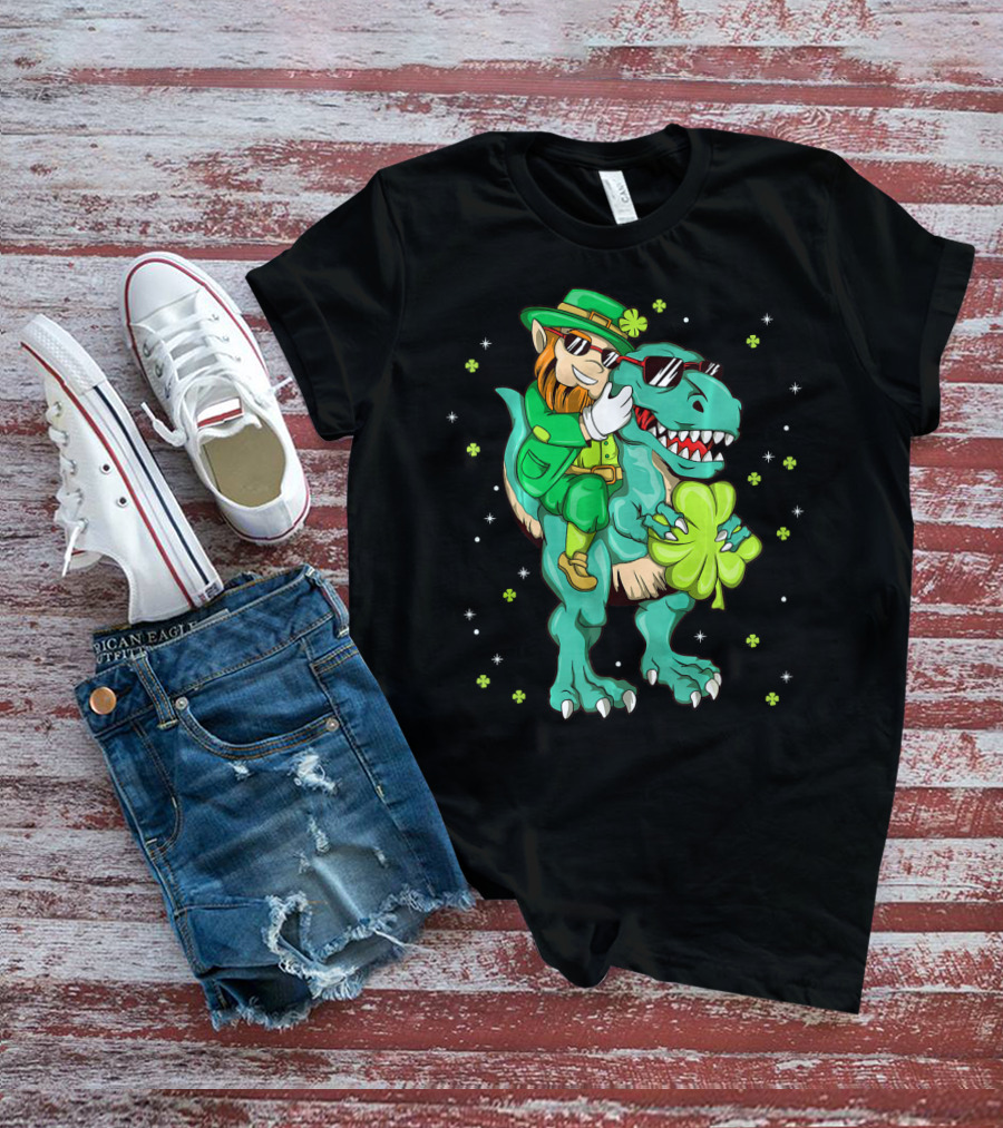 Irish Leprechaun Riding Dinosaur With Clover And Sunglasses T-Shirt