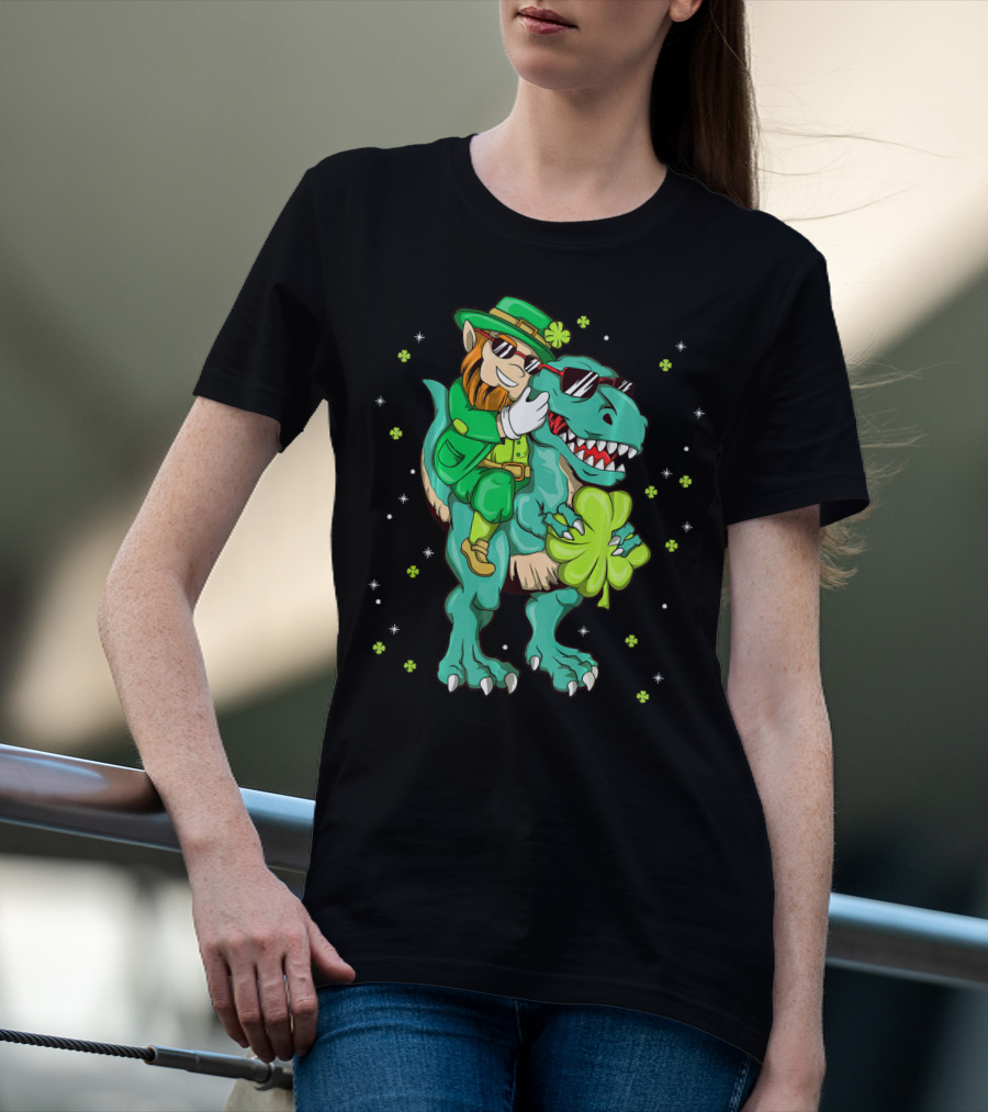 Irish Leprechaun Riding Dinosaur With Clover And Sunglasses T-Shirt