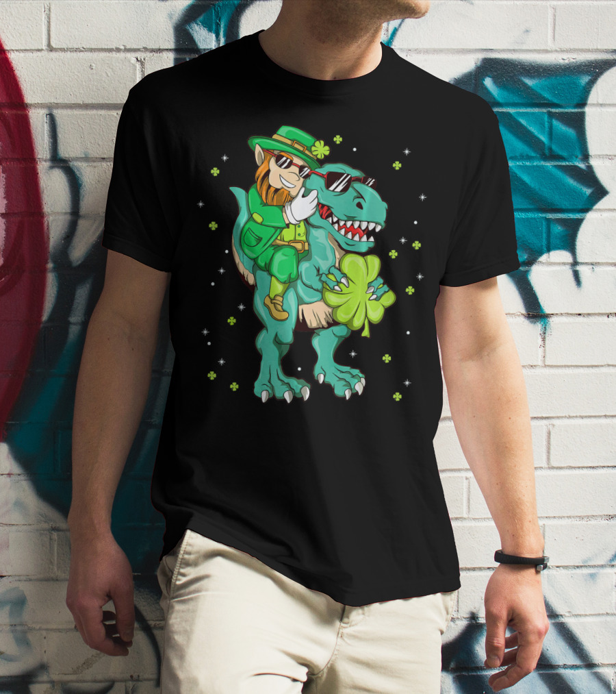 Irish Leprechaun Riding Dinosaur With Clover And Sunglasses T-Shirt