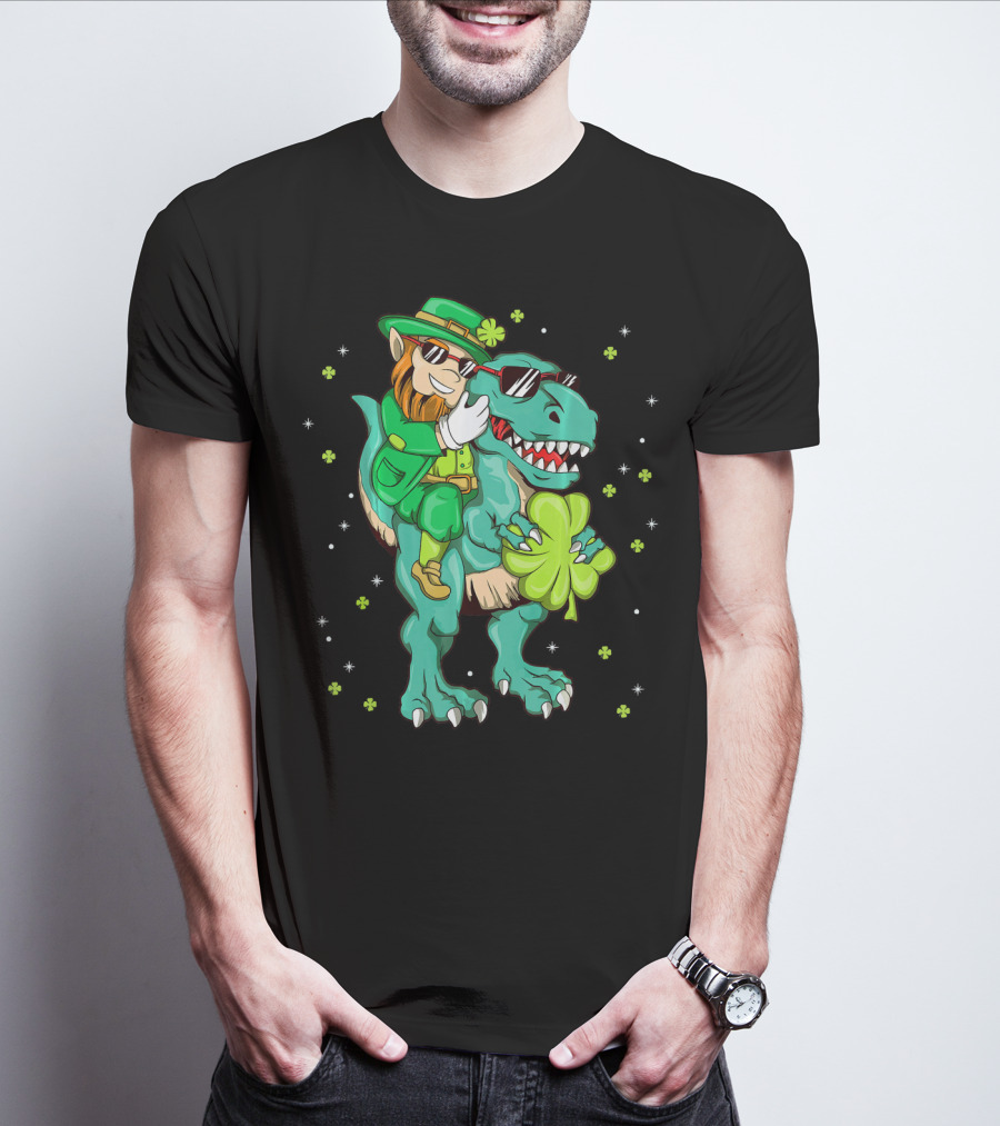 Irish Leprechaun Riding Dinosaur With Clover And Sunglasses T-Shirt