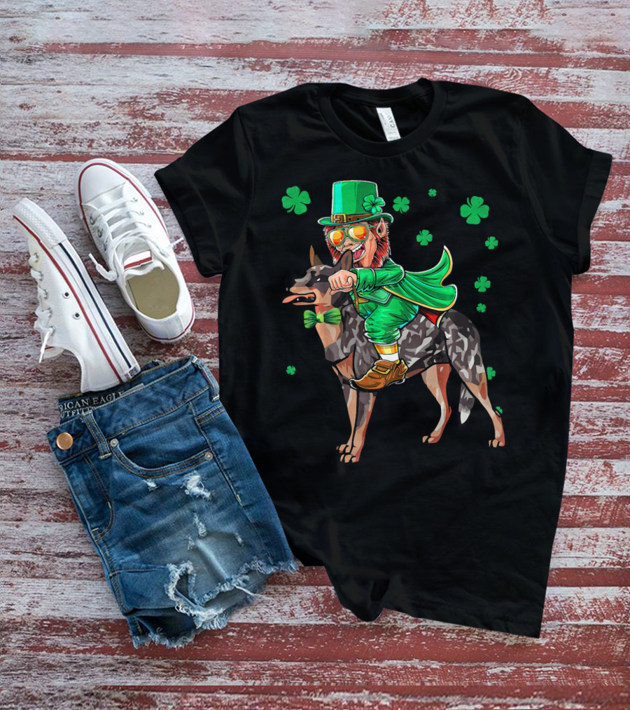 Leprechaun Riding Australian Cattle Dog With Shamrocks T-Shirt