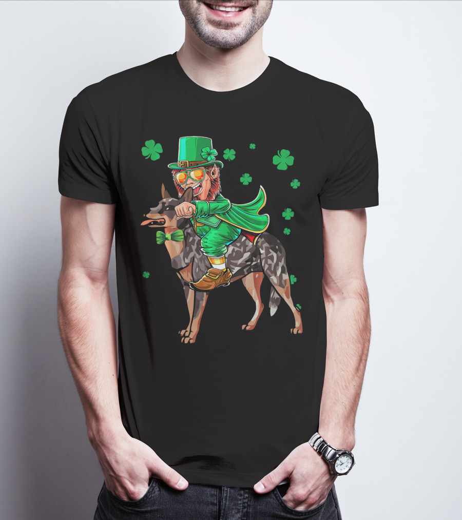 Leprechaun Riding Australian Cattle Dog With Shamrocks T-Shirt