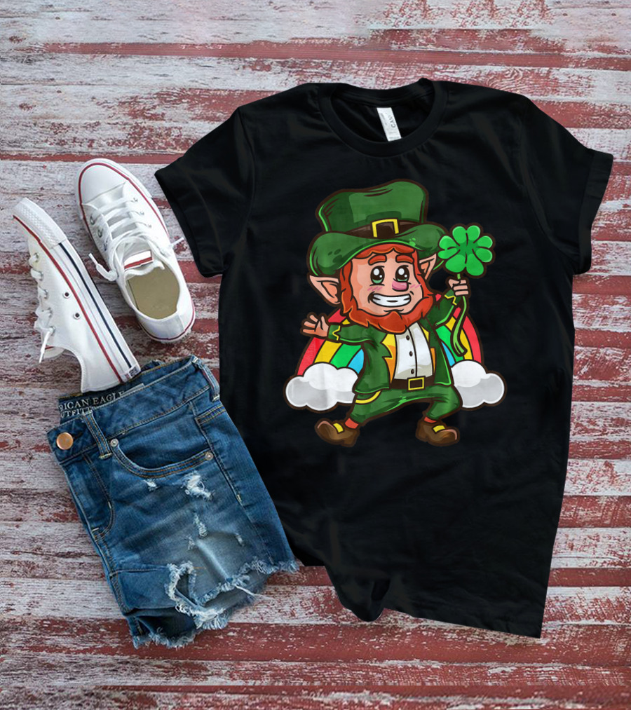 St Patricks Happy Leprechaun Holding Shamrock With Rainbow And Clouds T-Shirt