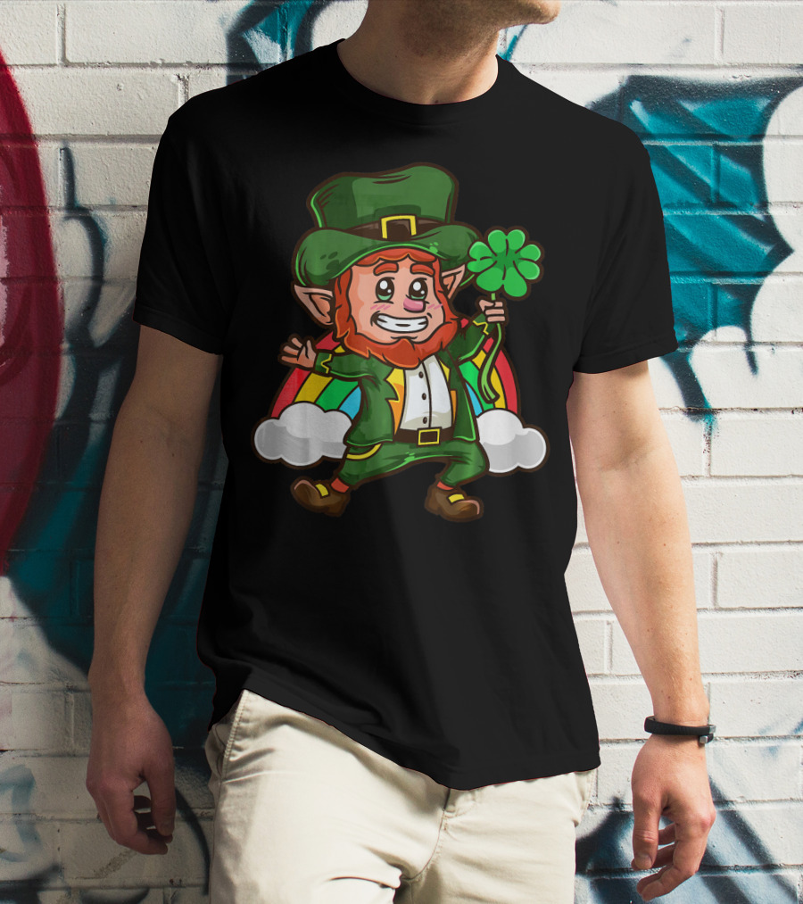 St Patricks Happy Leprechaun Holding Shamrock With Rainbow And Clouds T-Shirt