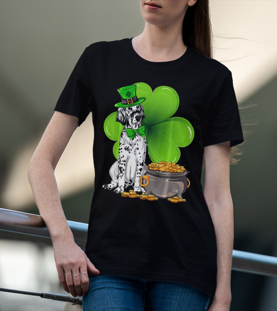 English Setter St Patricks Day Leprechaun Dog With Clover And Pot Of Gold T-Shirt