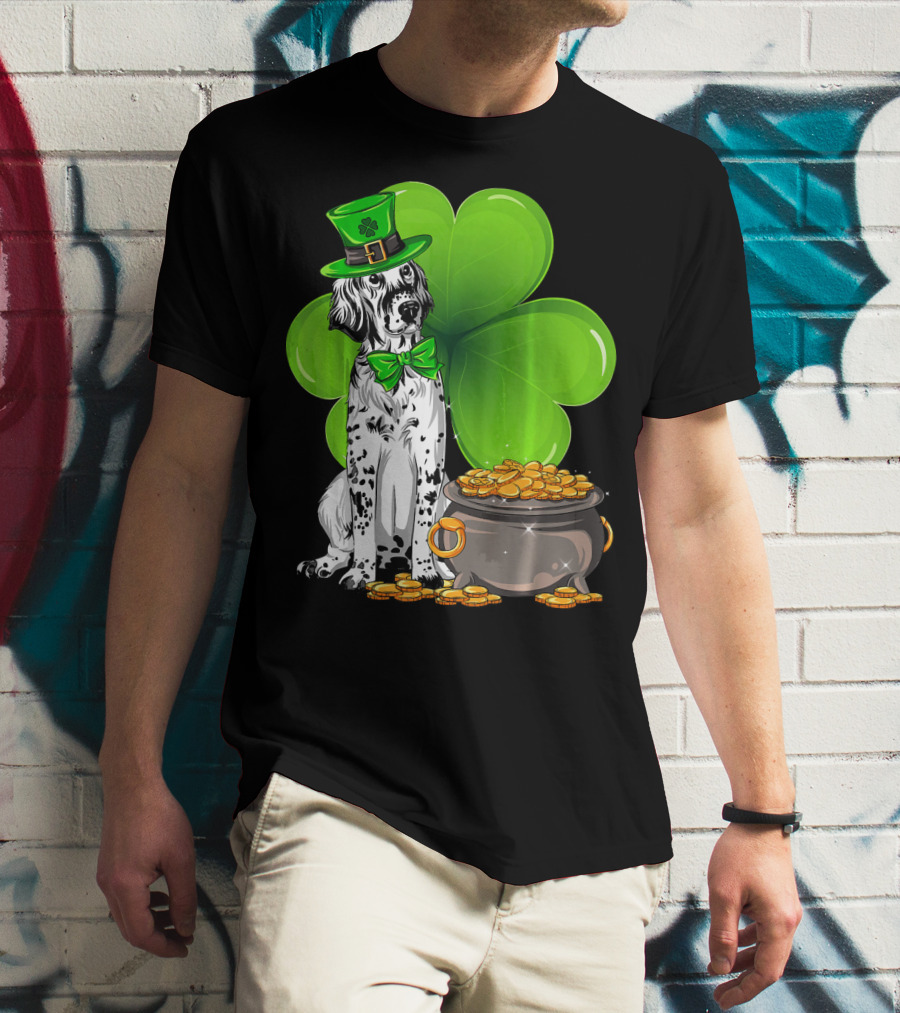 English Setter St Patricks Day Leprechaun Dog With Clover And Pot Of Gold T-Shirt