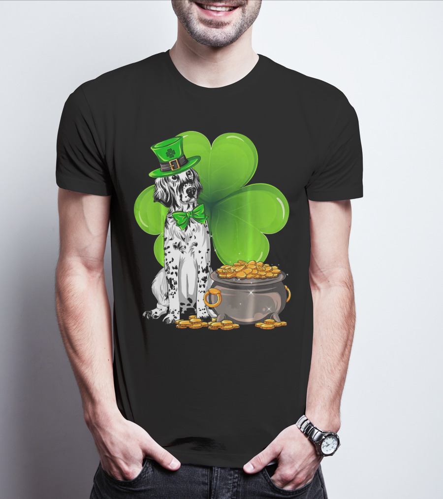 English Setter St Patricks Day Leprechaun Dog With Clover And Pot Of Gold T-Shirt