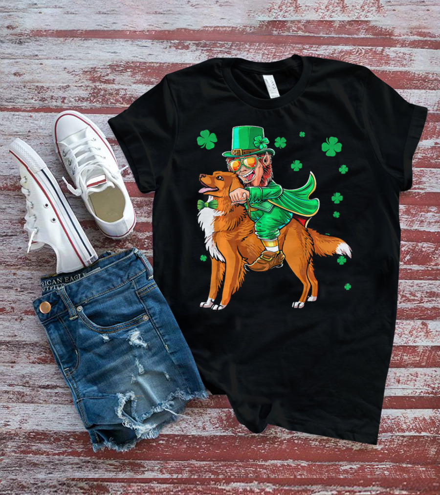Leprechaun Riding Nova Scotia Duck Tolling Retriever With Shamrocks T-Shirt