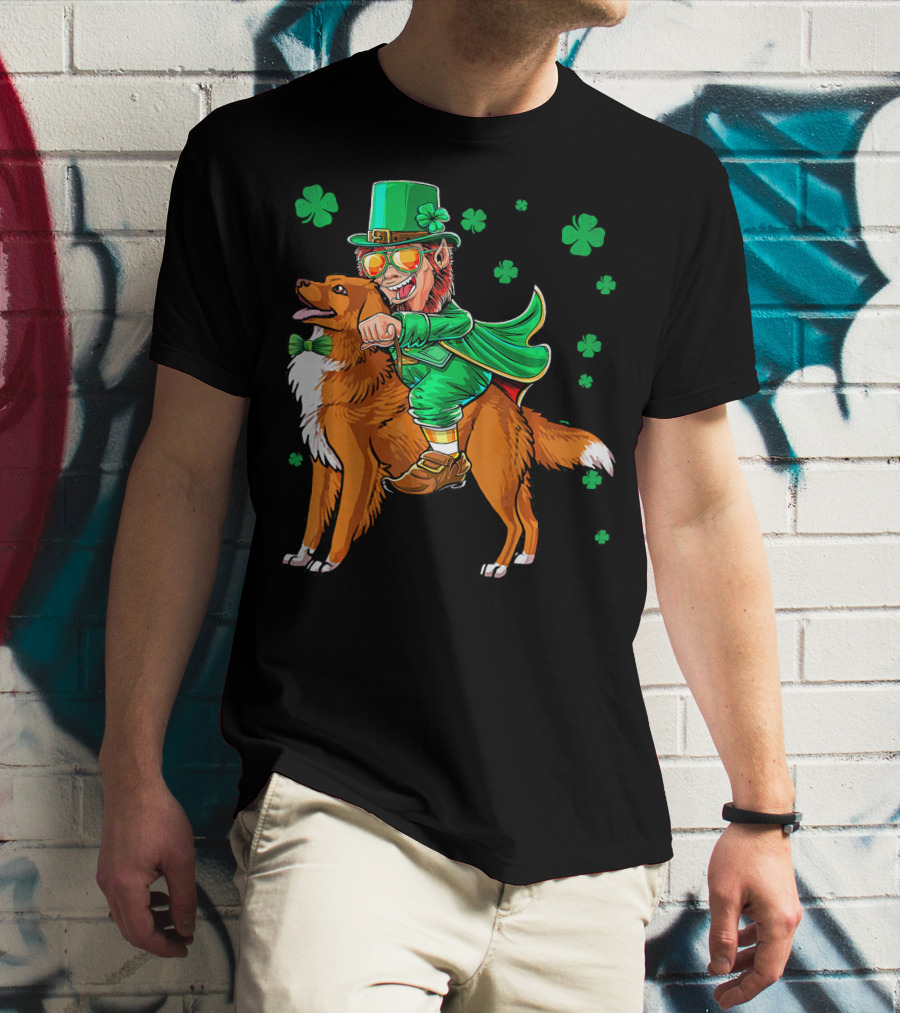 Leprechaun Riding Nova Scotia Duck Tolling Retriever With Shamrocks T-Shirt