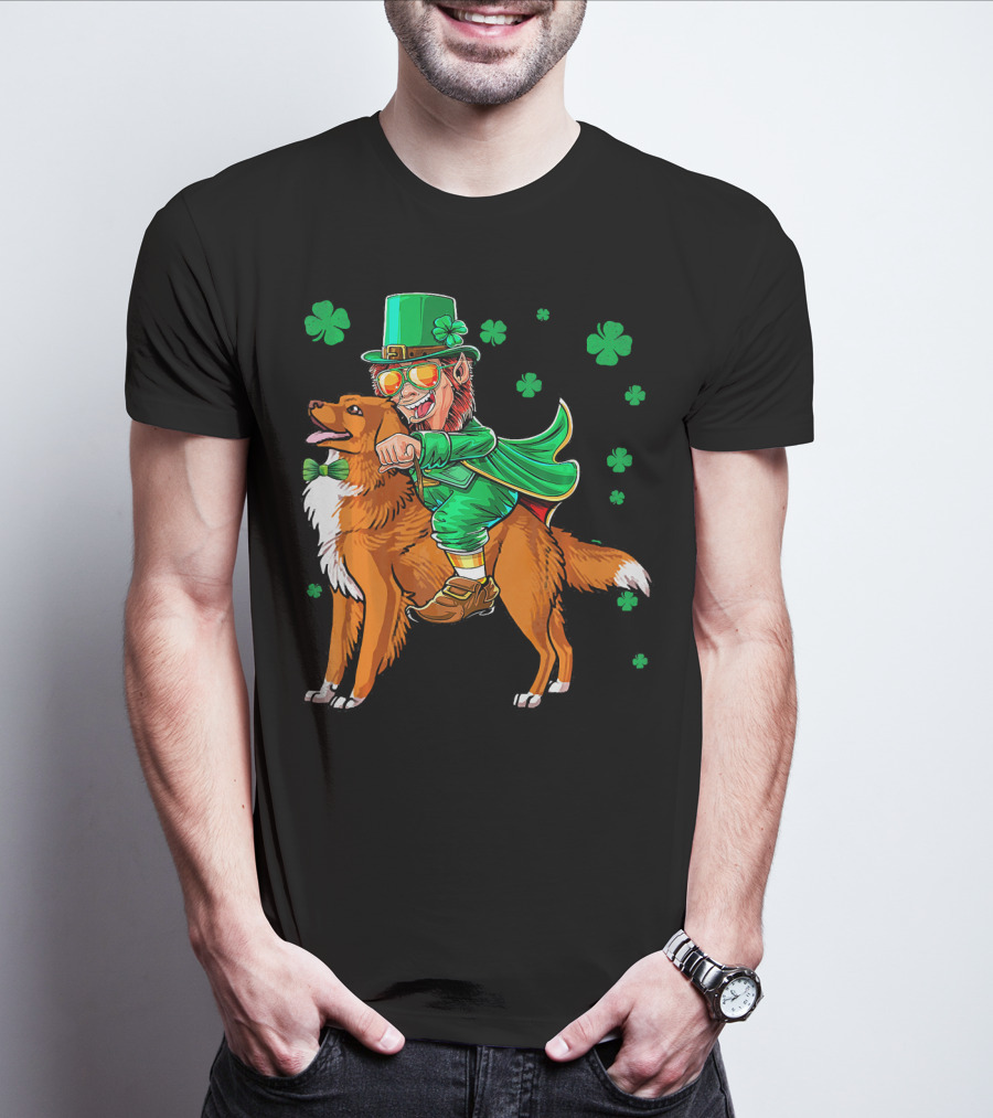 Leprechaun Riding Nova Scotia Duck Tolling Retriever With Shamrocks T-Shirt